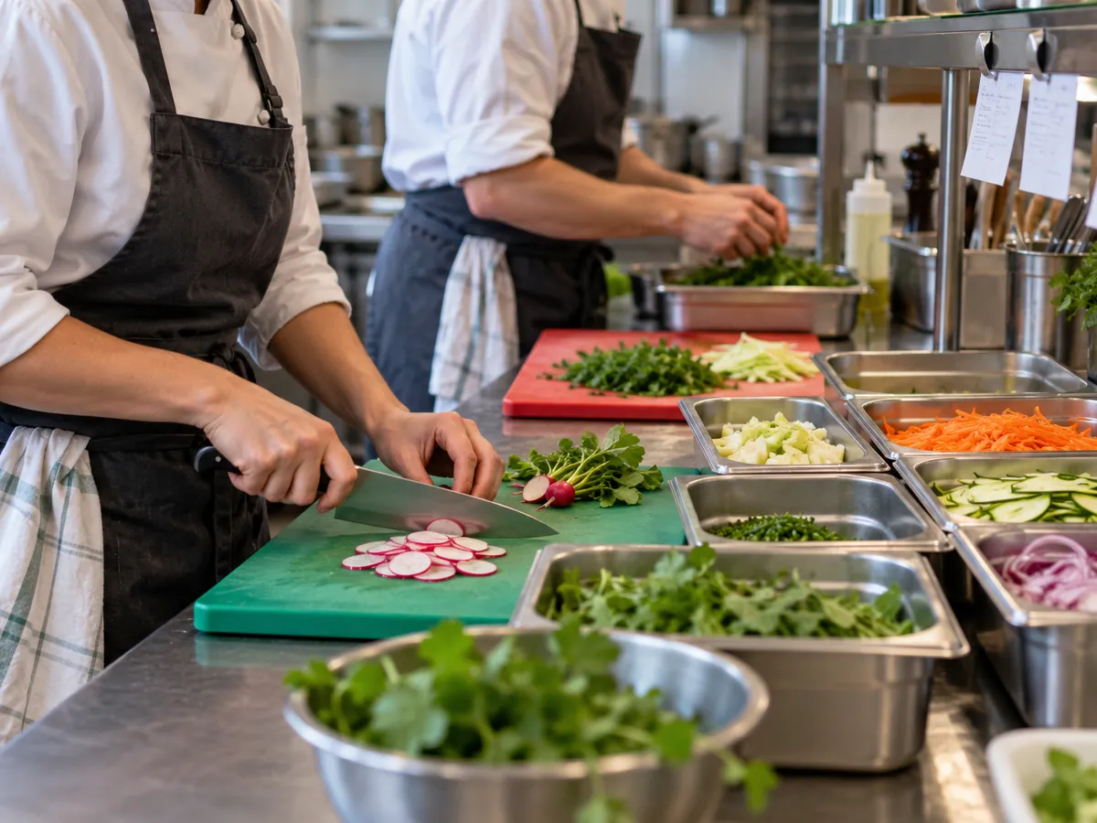 Mise en place dans la cuisine d'un restaurant