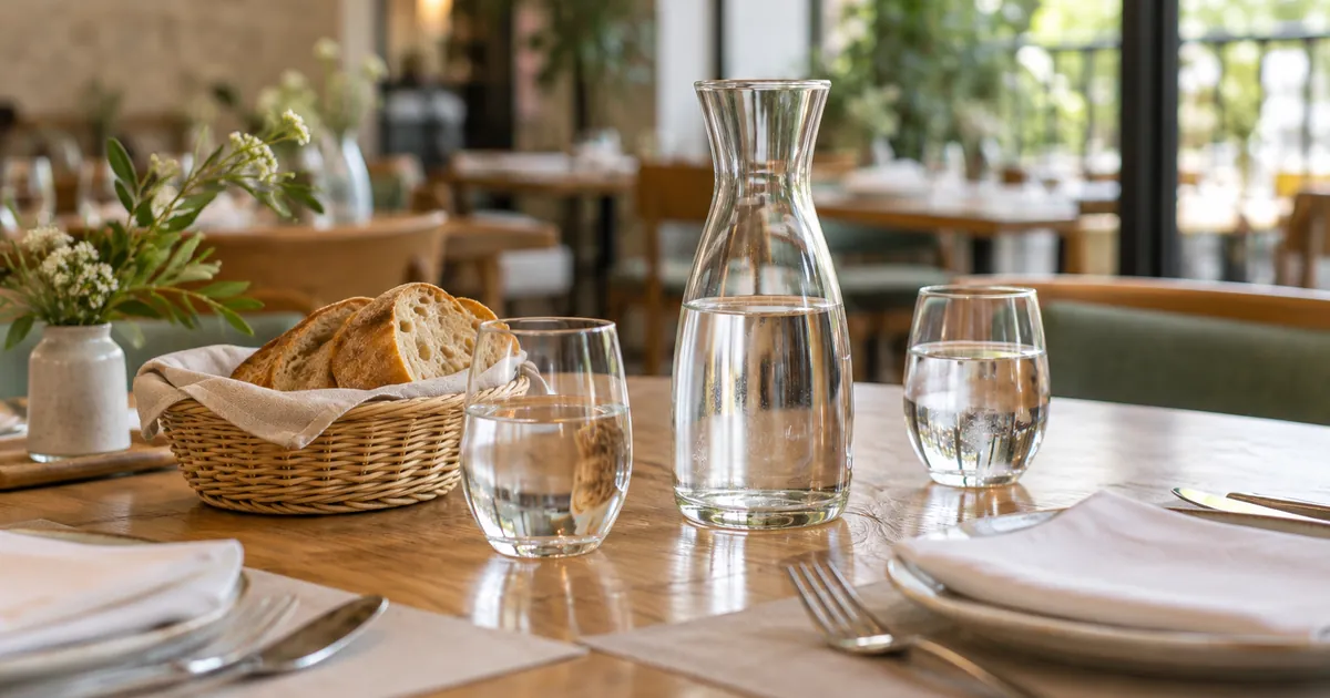 Une carafe d'eau et du pain sur la table