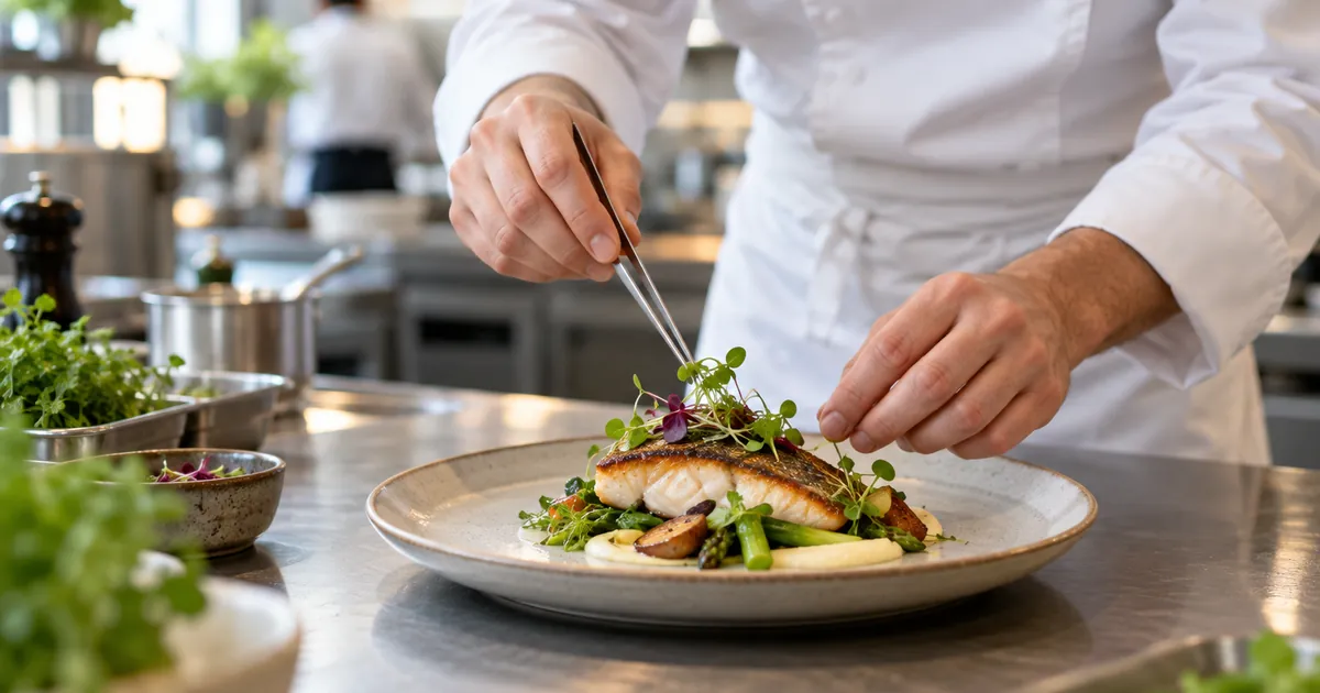 Un chef dresse une assiette